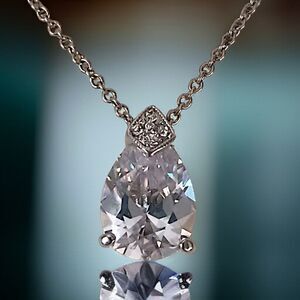 Vtg Monet Large Clear Crystal Necklace Pendant Pear Shaped Solitaire Silver Tone
